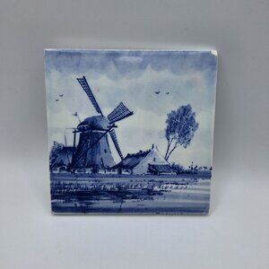 Holland‎ Blue Tile Coaster Windmill Bartelts Rotterdam Square Dutch Vintage